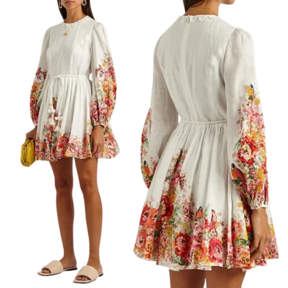 NWT Zimmermann Mae Belted Floral Print Linen Voile Mini Dress White Size: 10